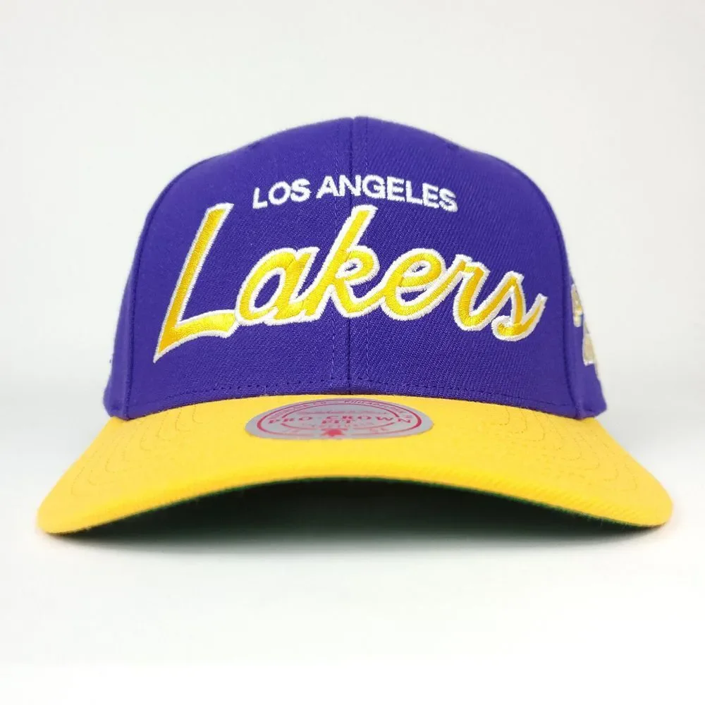 LA Lakers Mitchell‎ & Ness NBA Pro Fit Snapback Hat Cap Script Logo Purple NWT
